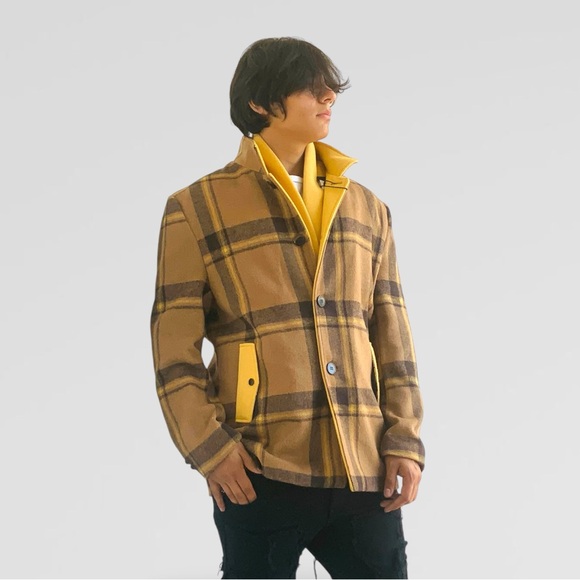 Men's WheatYellowBlack Casual Detachable Scarf Coat NWT